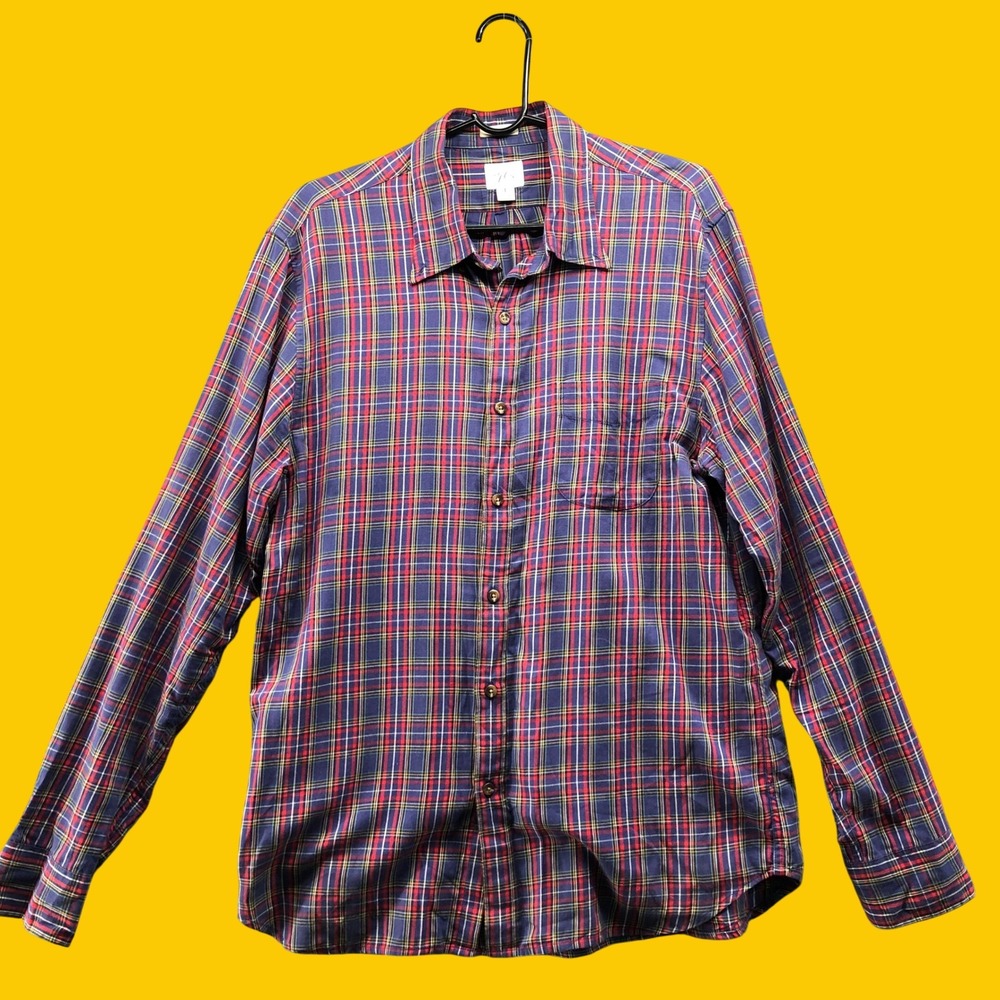 J Crew Brushed Twill Plaid Button Down Shirt Mens L Navy Red Tartan Slim Fit